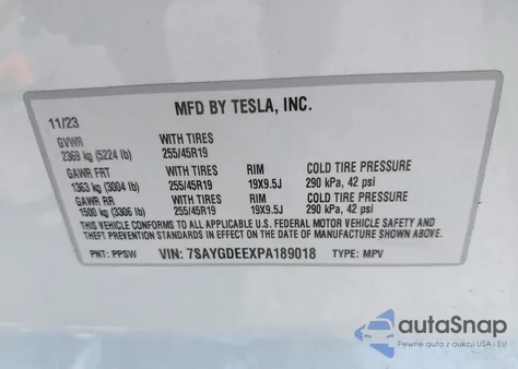 2023 Tesla Model Y Awd/Long Range Dual Motor All-Wheel Drive z USA, uszkodzony, nr VIN 7SAYGDEEXPA189018